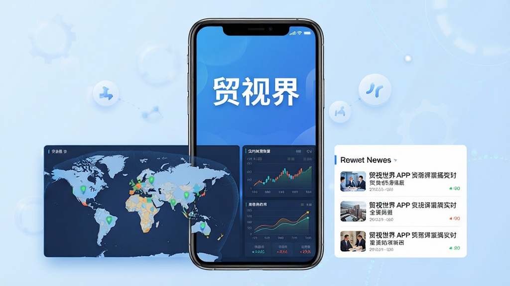 һ��չʾó�ӽ�APP���Ĺ��ܵĿ�������ͼ������������һ�������ֻ�����Ļ��������ʾ��ó�ӽ硱Ʒ�Ʊ�ʶ���·�������ȫ��ó�׵�ͼ��ʵʱ�ƾ�����ͼ����������Ѷ�б���Ԫ�أ�����Ϊ����ɫ���䣬���岼�ּ������������񣬸��廭�ʣ��ɾ��޶���Ԫ�ء�