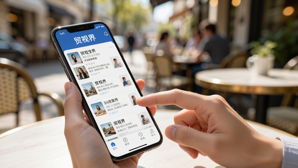 һ��չʾ�û����ڲ���ó�ӽ�APP��ʵ��ͼ����������ָ����ֻ���Ļ����Ļ��ʾ��Ѷ�б�������Ϊ���⿧�ȹݳ��������������������Ȼ��ͻ����ó�ӽ硱Ʒ�Ʊ�־������ϸ�壬������Ԫ�ء�