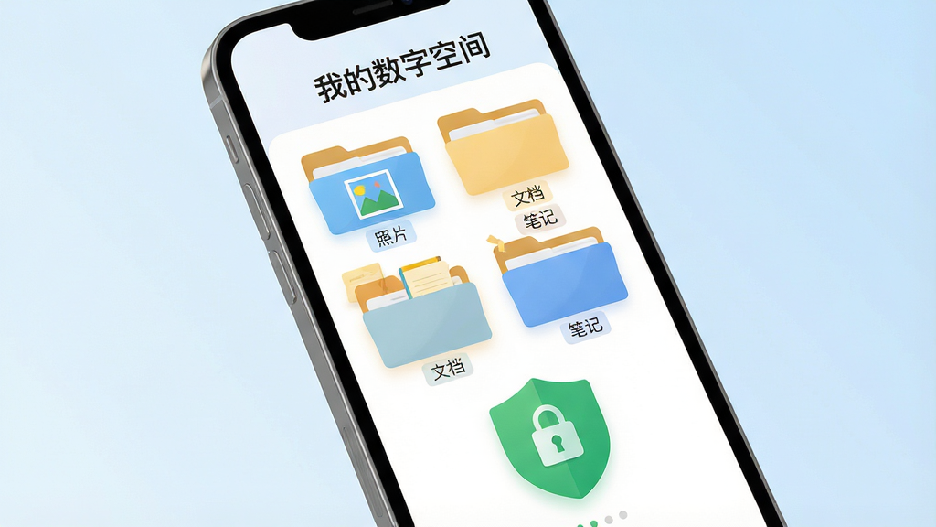 ���壺�ֻ���Ļչʾ���ҵ����ֿռ䡹�����棬���涥����ʾ���ҵ����ֿռ䡱�������в�Ϊ����������ļ���ͼ�꣬�ײ�����ɫ��ȫ���Ʊ�ʶ�����֣����й�ͼ���ֻ���΢��б������Ϊ����ɫ���䡣�Ű棺��������������ͼ������ȡ�����ִ���ƽ����Ʒ��ɫ������������ϸ�ڣ��ļ������С���Ƭ�������ĵ��������ʼǡ���С��ǩ�������ϴ�������ͼ�������ʣ�8K��������Ⱦ���ɾ����޶���Ԫ��