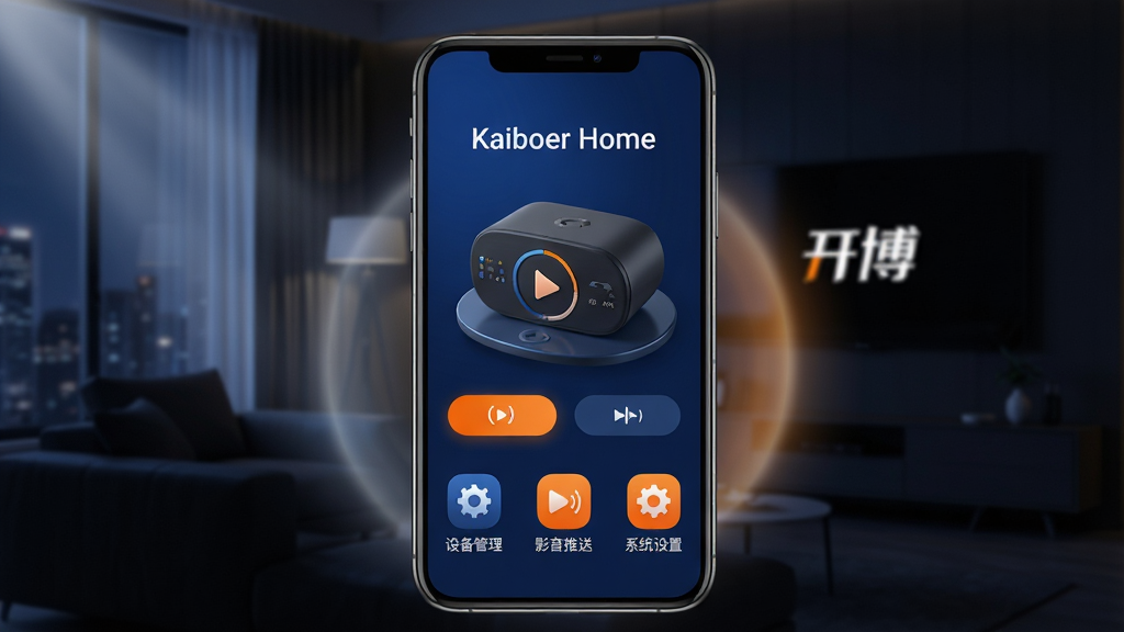 ���壺һ�������ֻ���Ļ��ʾKaiboer HomeӦ�ý��棬�������п���������������άģ�ͺ������Ĳٿذ�ť�����֣��ֻ�λ�ڻ������룬��Χ����͵Ĺ�ӰЧ��������Ϊ��ɫ�Ҿӿ�������������ǽ���п�����logo���Ű棺�ֻ���Ļ���������ɼ����Ϸ��С�Kaiboer Home���������·������š��豸����������Ӱ�����͡�����ϵͳ���á���ͼ�ꣻ��񣺿Ƽ������ִ���Լ���ϣ�ɫ��������������Ϊ����ϸ�ڷḻ�����ʸ��壬�ɾ��޶���Ԫ��