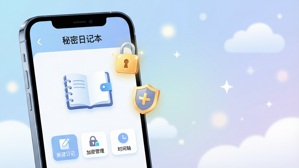 主体:一部智能手机屏幕显示秘密日记本应用界面,界面风格简洁清新,主色调为淡蓝色与白色,屏幕中央有一个打开的日记本图标,旁边悬浮着金色锁头与盾牌图标,象征加密保护。布局:手机居中偏左,右侧留白区域用柔和的渐变背景衬托,背景中有淡淡的云朵与星光元素。排版:手机屏幕上的应用界面清晰展示“秘密日记本”字样,下方有“新建日记”“加密管理”“时间轴”三个功能按钮图标。风格:现代扁平化插画风格,色彩柔和,明暗过渡自然。细节:手机屏幕边缘有细微反光,锁头图标带有微光效果,背景光斑虚化处理。画质:4K超高清,干净,无多余元素。