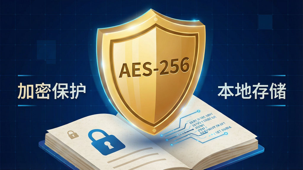 主体:一个打开的日记本上方悬浮着一枚巨大的金色盾牌,盾牌表面刻有“AES-256”字样,日记本页面有锁头图标与数据流线条。布局:盾牌居中偏上,日记本位于下方,背景为深蓝色科技感网格。排版:页面左侧有“加密保护”字样,右侧有“本地存储”字样,字体为简洁的无衬线体。风格:科技感插画,蓝金配色,光影对比强烈。细节:盾牌边缘有发光线条,日记本页面有细微的纸张纹理。画质:高清渲染,干净,无多余元素。