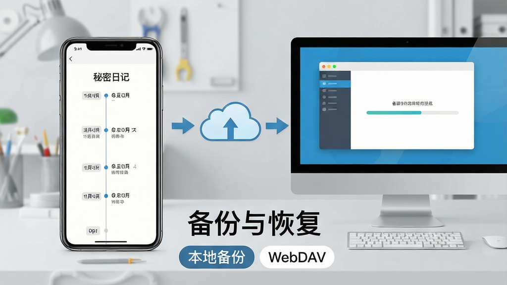 主体:一部手机与一台电脑并排摆放,手机屏幕显示秘密日记本的时间轴界面,电脑屏幕显示备份管理界面。布局:手机位于左侧,电脑位于右侧,中间有云朵与箭头图标连接,表示数据同步。排版:画面底部有“备份与恢复”字样,以及“本地备份”“WebDAV”两个标签。风格:写实与扁平结合,色彩明亮,背景为浅灰色工作室场景。细节:手机屏幕内容清晰,电脑屏幕有进度条,桌面整洁。画质:高清,干净,无多余元素。
