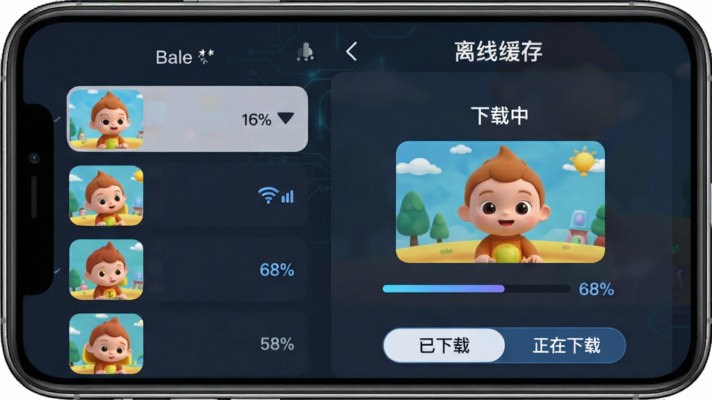 主体:聪聪宝宝动画盒离线下载界面,手机屏幕显示下载进度条;布局:左侧为动画列表,右侧为下载管理面板,中间是“下载中”的动画缩略图;排版:顶部有“离线缓存”字样,底部有“已下载”和“正在下载”切换按钮;风格:简洁科技风与儿童趣味结合;细节:下载进度百分比如“68%”,网络图标为Wi-Fi状态;画质:高清,干净,无多余元素。