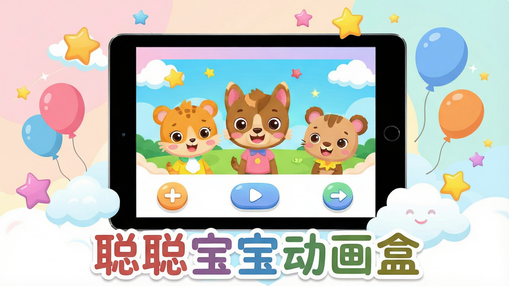 主体:聪聪宝宝动画盒软件界面,可爱的卡通小动物形象,色彩明亮柔和;布局:居中展示平板电脑屏幕,屏幕内播放着色彩鲜艳的儿童动画,四周环绕星星、云朵、气球等元素;排版:电脑屏幕下方有“聪聪宝宝动画盒”字样,字体圆润可爱,整体构图平衡;风格:扁平化卡通插画风格,充满童趣;细节:动画画面清晰,小动物表情生动,界面按钮圆润,色彩过渡自然;画质:高清,干净,无多余元素。