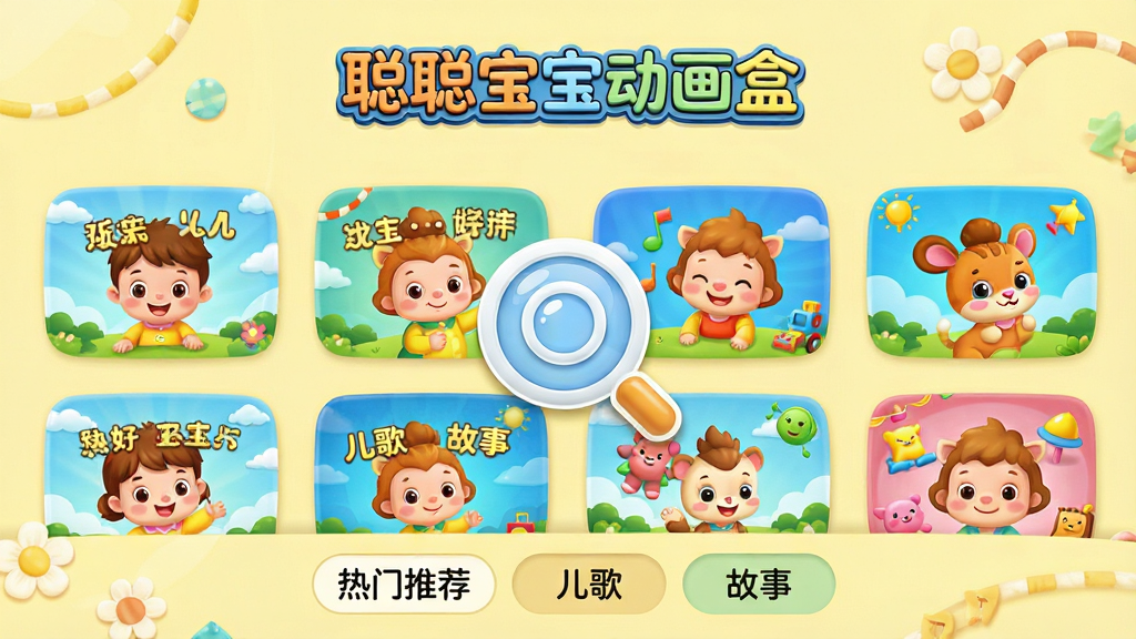 主体:聪聪宝宝动画盒内容库界面,展示多个动画封面缩略图;布局:平铺式网格排列,中央有一个放大镜图标突出搜索功能;排版:上方有“聪聪宝宝动画盒”Logo,下方分类标签如“热门推荐”、“儿歌”、“故事”;风格:清新儿童风格,圆角卡片设计;细节:封面图色彩鲜艳,标题文字清晰,背景为淡黄色;画质:高清,干净,无多余元素。