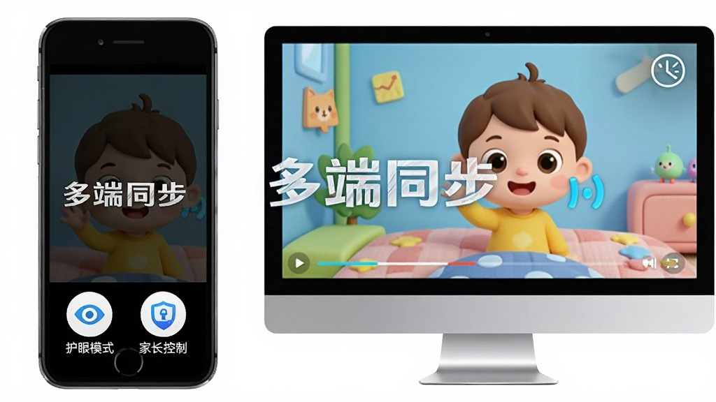 主体:聪聪宝宝动画盒在手机和电脑上同时运行的场景;布局:左侧是手机屏幕,右侧是电脑显示器,两者均显示动画播放画面;排版:中央有“多端同步”字样,底部有“护眼模式”和“家长控制”图标;风格:现代科技感与儿童卡通结合;细节:手机屏幕亮度较低,电脑屏幕有定时关闭图标;画质:高清,干净,无多余元素。