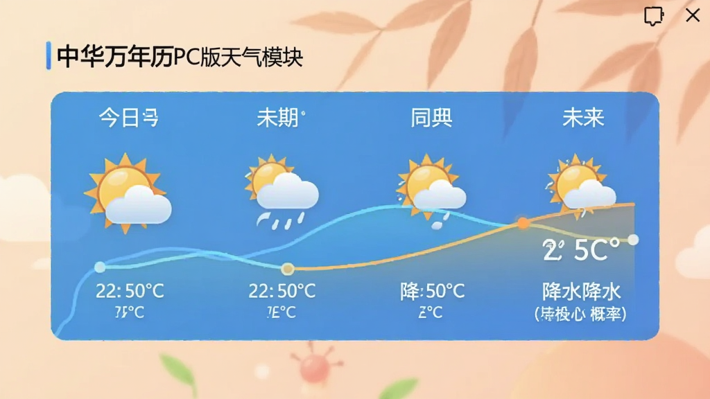 中华万年历 PC版天气模块展示,显示今日及未来几天天气图标、温度曲线、降水概率,界面设计直观,图标形象,色彩明快,数据清晰,背景柔和,无多余元素