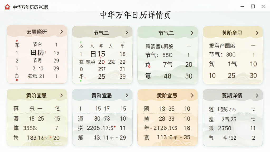 中华万年历 PC版日历详情页,展示农历、节气、黄历宜忌等丰富信息,界面采用卡片式布局,信息层级分明,色彩柔和,风格清新,文字清晰,高画质,无多余元素