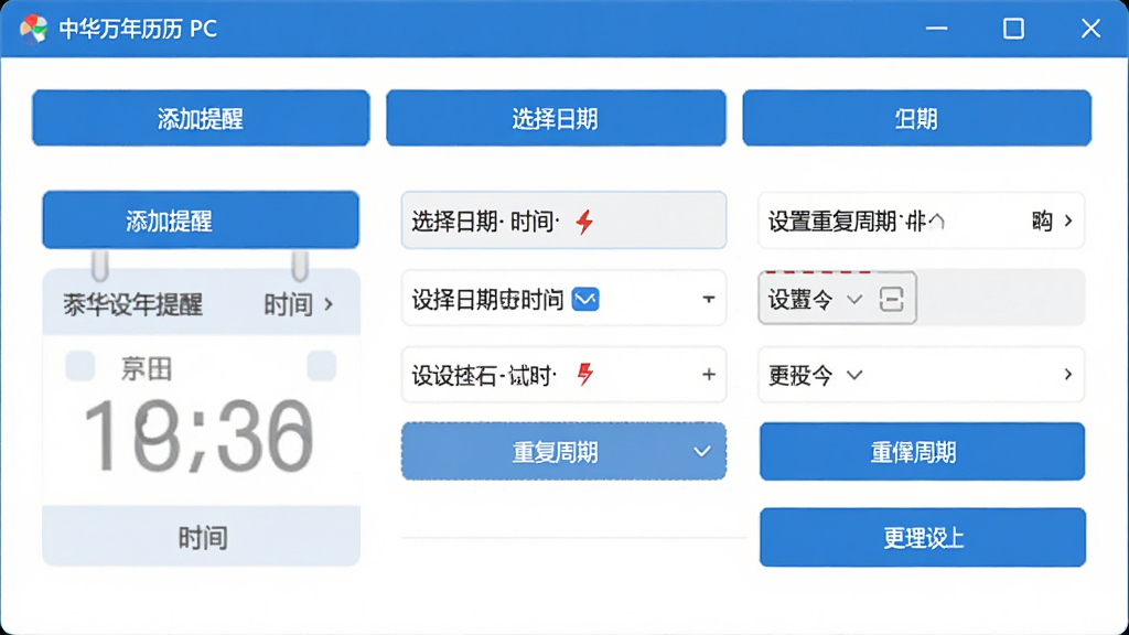 中华万年历 PC版日程编辑界面,显示添加提醒、选择日期时间、设置重复周期等选项,界面简洁,按钮布局合理,蓝白配色,现代感强,细节丰富,画质清晰,无多余元素