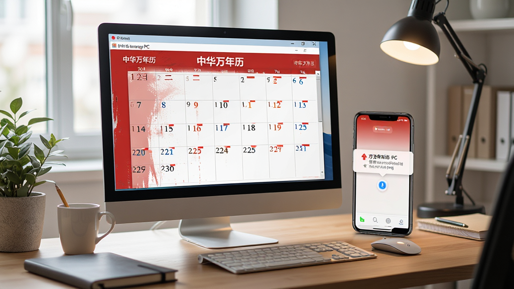 中华万年历 PC版使用场景图,显示电脑桌面上的日历软件与手机同步提示,背景为办公桌,风格写实,光线柔和,细节丰富,画质清晰,无多余元素