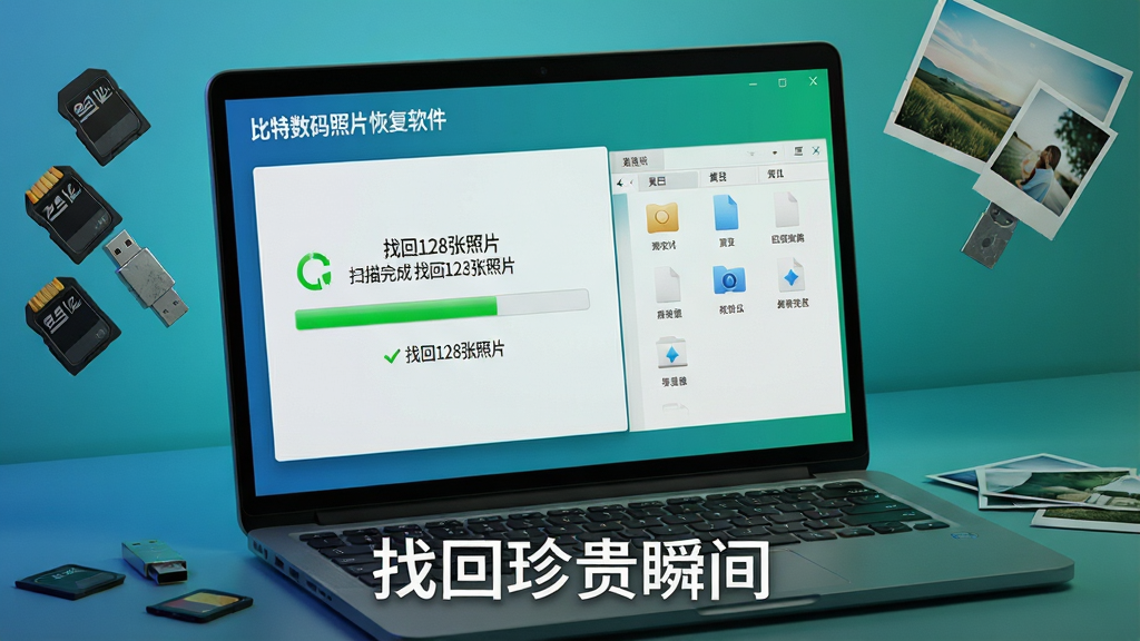 主体:一台打开的笔记本电脑屏幕显示“比特数码照片恢复软件”主界面,界面带有绿色进度条和文件列表;布局:电脑位于画面中央偏左,周围环绕散落的SD卡、U盘和照片;排版:界面截图占视觉主体,下方配“找回珍贵瞬间”字样;风格:写实科技感,蓝绿色调;细节:屏幕内显示“扫描完成 找回128张照片”等提示,卡片表面有轻微磨损质感;画质:8K超清渲染,干净无多余元素