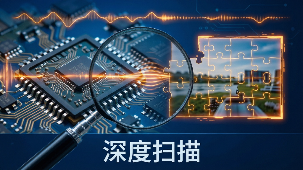 主体:放大镜透视存储芯片内部结构,数据碎片拼接成完整照片;布局:左半部分为芯片内部电路纹理,右半部分为恢复出的彩色照片拼图;排版:上下分层,上为扫描动态波纹,下为“深度扫描”字样;风格:科技蓝背景配高亮橙色数据流;细节:芯片引脚清晰可见,照片拼图边缘有发光线条;画质:4K高清,干净无多余元素