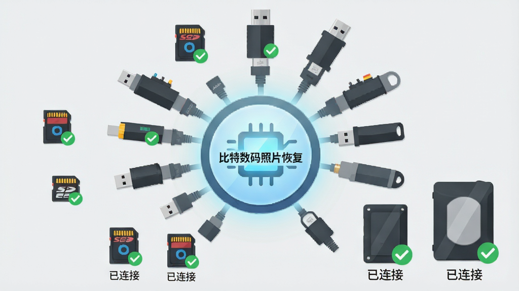 主体:多种存储设备(SD卡、U盘、移动硬盘)围绕一个发光的恢复中心;布局:中心放射状排列,各类设备下方标注“已连接”;排版:中心图标放大,四周设备按大小排列;风格:扁平化插画风,浅灰背景;细节:设备图标带有绿色对勾,中心有“比特数码照片恢复”字样;画质:矢量清晰,干净无多余元素