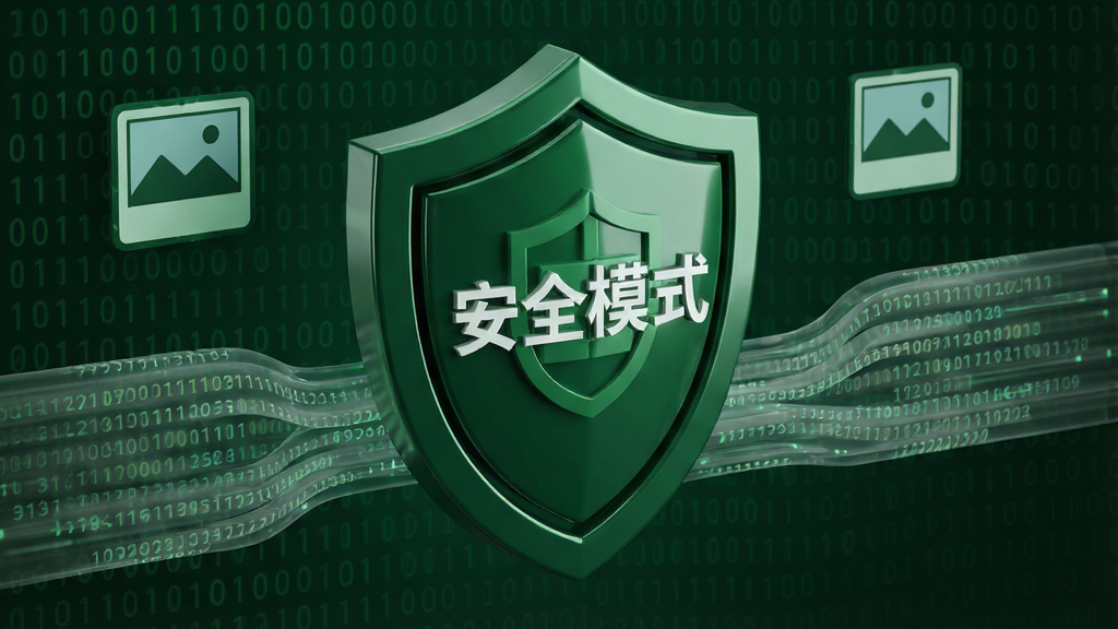 主体:盾牌图标保护下方数据流,背景为二进制代码与照片图标;布局:盾牌居中,数据流从两侧流入;排版:盾牌上有“安全模式”字样;风格:立体质感,深绿色调;细节:盾牌表面有光泽,数据流为半透明;画质:高细节渲染,干净无多余元素