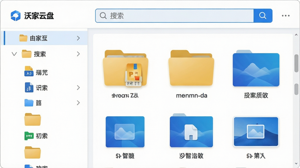 主体:沃家云盘文件管理界面,展示分类文件夹、智能搜索框和文件预览窗口。布局:左侧为文件夹列表,右侧为文件预览区,顶部为搜索栏。排版:清晰有序,文件夹与文件图标排列整齐。风格:现代商务风格,界面以白色和蓝色为主。细节:文件图标带有格式标识,搜索框有放大镜图标,整体干净明亮。画质:高清,干净,无多余元素