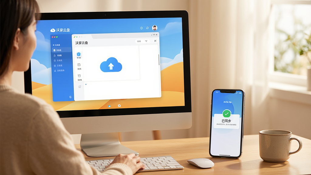 主体:沃家云盘使用场景图,展示一位用户正在电脑前操作云盘,旁边有手机显示同步成功提示。布局:左侧为电脑屏幕显示云盘界面,右侧为手机和咖啡杯。排版:场景自然,光线柔和。风格:写实生活风格,色彩温暖。细节:电脑屏幕上有“沃家云盘”界面,手机屏幕显示“已同步”,整体氛围轻松高效。画质:高清,干净,无多余元素
