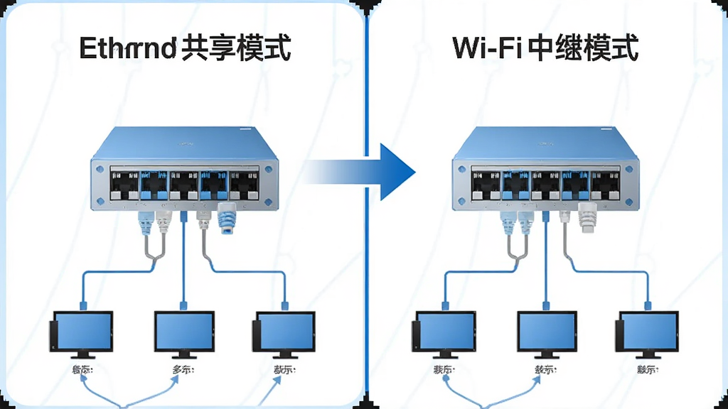�����Ա�ͼ�����Ϊ��̫������ģʽ���Ҳ�ΪWi-Fi�м�ģʽ���м��ü�ͷ���ӣ��·�չʾ��̨�豸����״̬ͼ�꣬����ɫ��������䣬����࣬���ֶԳƣ�ϸ�����������ʸɾ�
