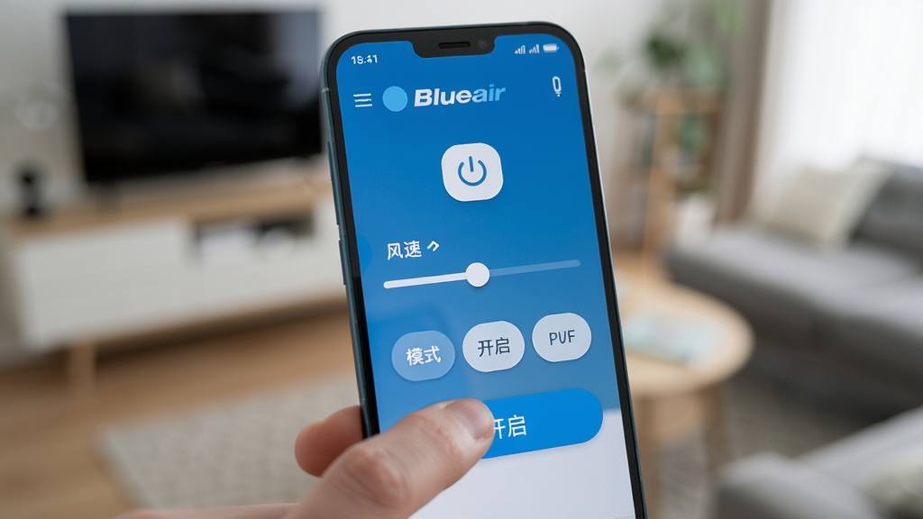 һ�������ֻ���Ļ��ʾBlueairӦ�õĿ��ƽ��棬�������е�Դ���ء����ٵ��ڻ��顢ģʽѡ��ť��������ģ���ļҾӻ�������ָ�������Ļ�ϵġ���������ť������۽����ֻ���Ļ������������������ִ�������ϸ�壬ͻ��Զ�̲ٿصı�ݸУ��޶���Ԫ�ء�