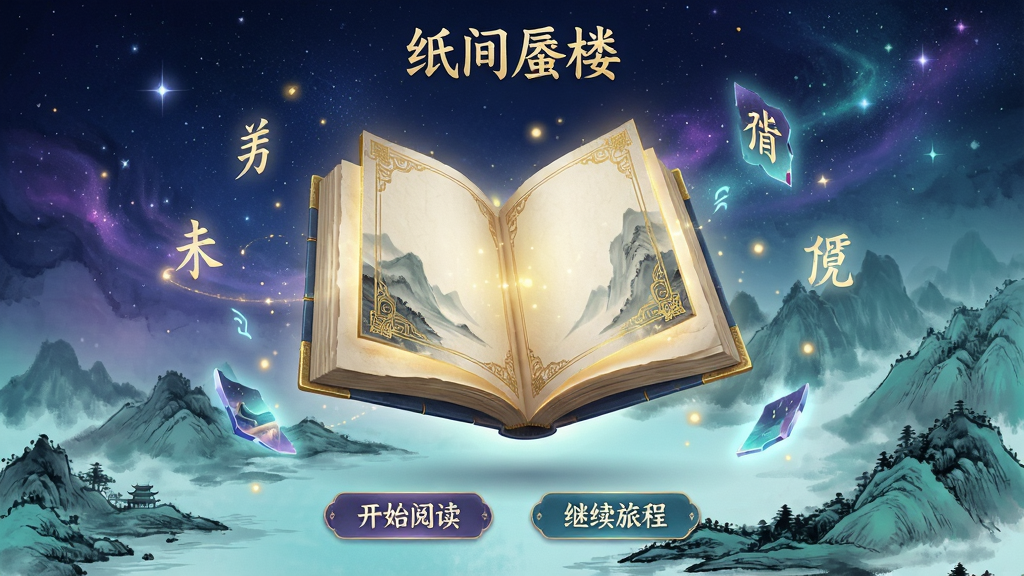 ���壺ֽ����¥Ӧ�õ������棬һ���뿪�Ĺ����鼮�������ǿ���ˮīɽˮ�Ľ��ڱ����У��鼮ҳ�淺��΢�⡣���֣����Ĺ�ͼ���鼮ռ���Ӿ����㣬��ΧƯ���ŷ�������ַ�����þ���Ƭ���Ű棺�����࣬�ײ��С���ʼ�Ķ����롰�����ó̡�������ť��������ʾӦ�����ơ�ֽ����¥�������Ψ������磬�ں��й�ˮī�⾳���λ��ǿ�Ԫ�أ�ɫ�����������ϡ�����Ϊ������׺��ɫ��㡣ϸ�ڣ���ҳ��Ե��ϸ����̽��ƣ����ַ����������֣���������͵ĻԹ�Ч�������ʣ�8K���壬ϸ�ڷḻ����Ӱ��η��������廭��ɾ�������Ԫ�ء�