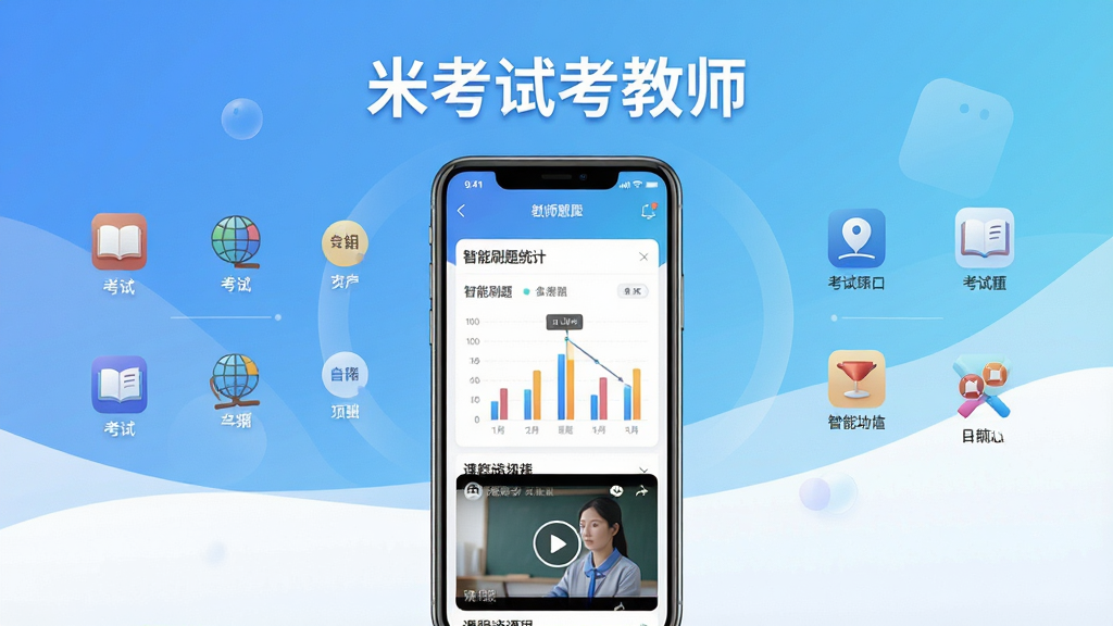 һ��չʾ�׿��Կ���ʦApp���Ĺ��ܵ���������������Ϊ�����ֻ���Ļ���棬��Ļ����ʾ����б�������ˢ��ͳ��ͼ���Ϳγ���Ƶ���ڣ����ֲ��þ��жԳ��Ű棬����Ϊ���µ����׽���ɫ�����������ִ���Լ��ϸ�ڰ���App���ơ��׿��Կ���ʦ�������͸��࿼�Կ�Ŀͼ�꣬���ʸ���ɾ����޶���Ԫ�ء�