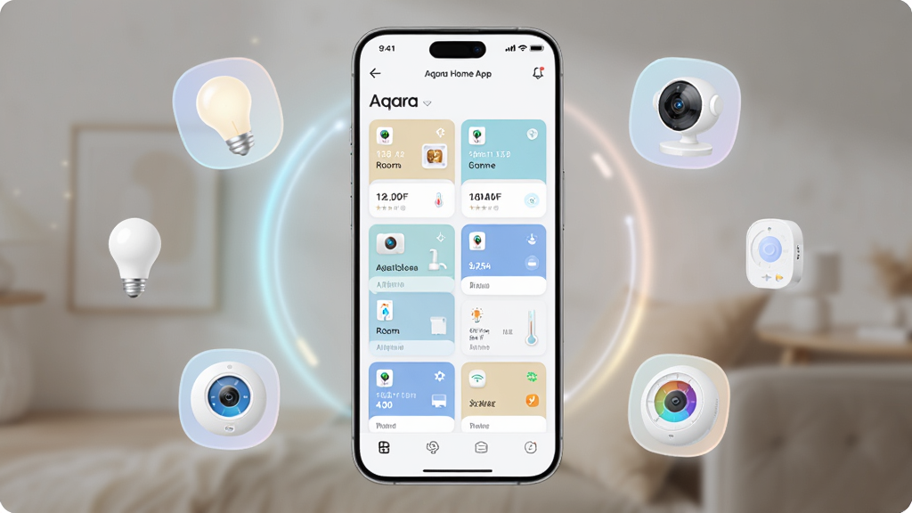 ����Ϊһ��������Ļ�������ֻ�����Ļ����ʾAqara Home App�������棬������ǳɫ����Ϊ�������������Ŷ������������豸��Ƭ������Ϊ�ֻ����У���Χ����͵ĿƼ��й�Ч��Ư���ļ�ͥ�豸ͼ������ݡ�����ͷ���¿������Ű�������Ĺ�ͼ������ִ���Լ��ϸ������Ļ���������ɱ棬ͼ��Բ�󡣻��ʸ��壬����ɾ��޶���Ԫ�ء�