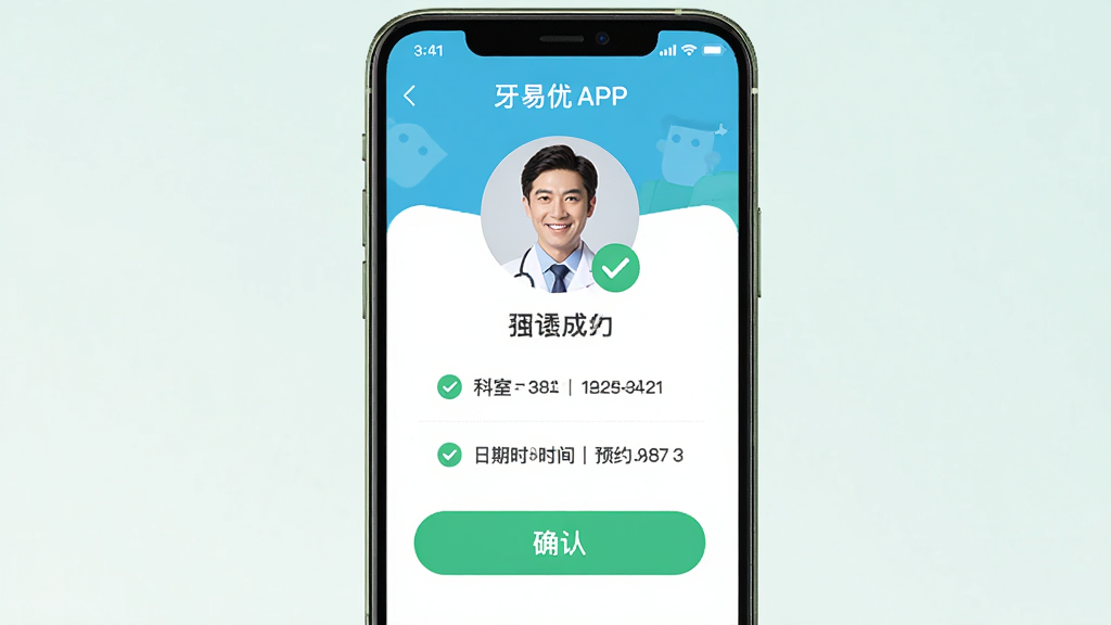 ����Ϊ������APP��ԤԼ�ɹ����棬��ʾҽ��ͷ�񡢿������ơ�����ʱ���ȷ�ϰ�ť�����־��жԳƣ��Ű�����������ƽ����ϸ������ɫ�Թ�ͼ���ԤԼ��ţ����ʸɾ��������޶���Ԫ��