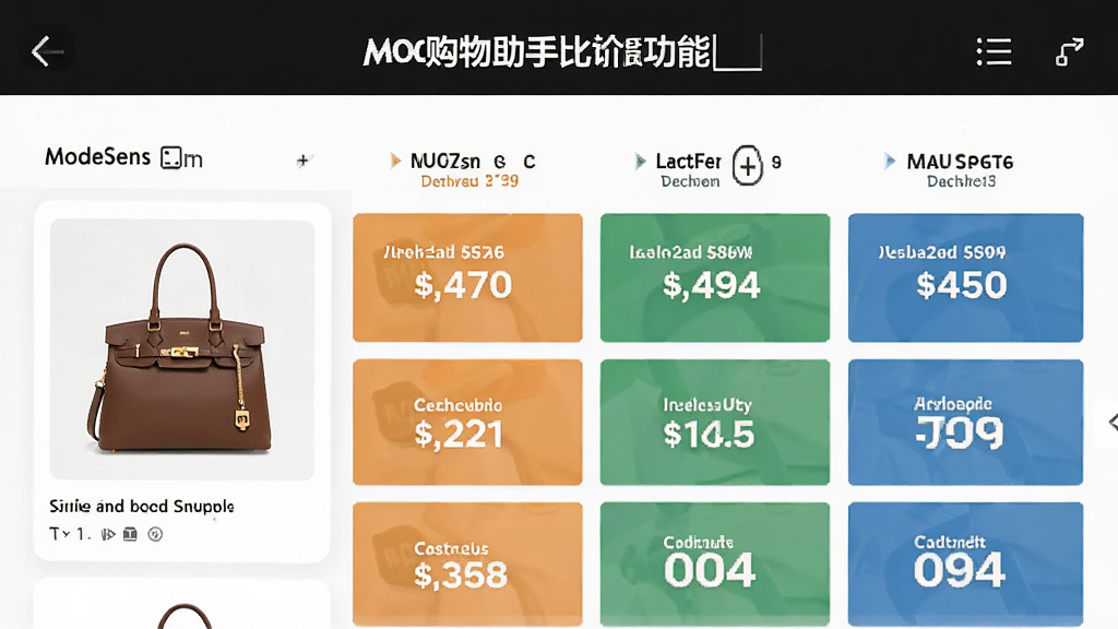 ModeSens智能购物助手比价功能截图,展示同一款手袋在不同电商平台的价格对比列表,界面清晰,价格标签醒目,干净背景,高清画质