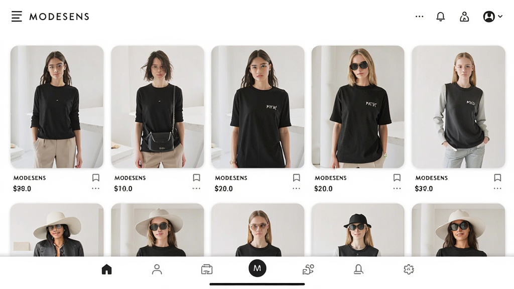 ModeSens智能购物助手主界面预览图,展示商品瀑布流列表与底部导航栏,现代简约风格,干净明亮,高清画质