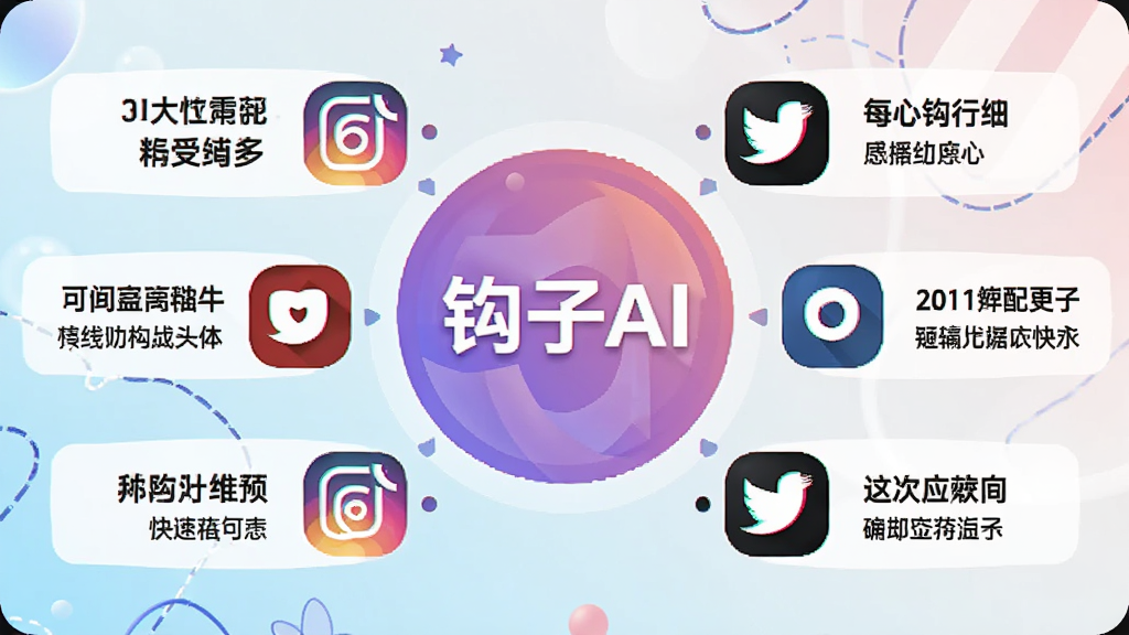 ����AI��ƽ̨������棬��ʾ����罻ý��ͼ��Χ���������ݣ�ÿ��ͼ�����ж�Ӧ���İ����ʾ�������־��⣬ɫ�ʻ��ã�ͻ��������AI��Ʒ�ƣ���������