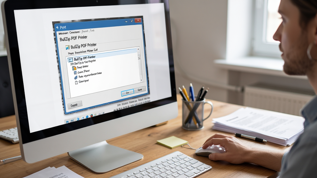 ���壺�û�����ʹ��BullZip PDF Printer�����ĵ�ת�������֣�ǰ��Ϊ������Ļ��ʾ��ӡ�Ի���ѡ��BullZip PDF Printer������Ϊ�칫�����Ű棺��Ȼ������ͻ���������������дʵ��Ӱ���ϸ�ڣ���Ļ����