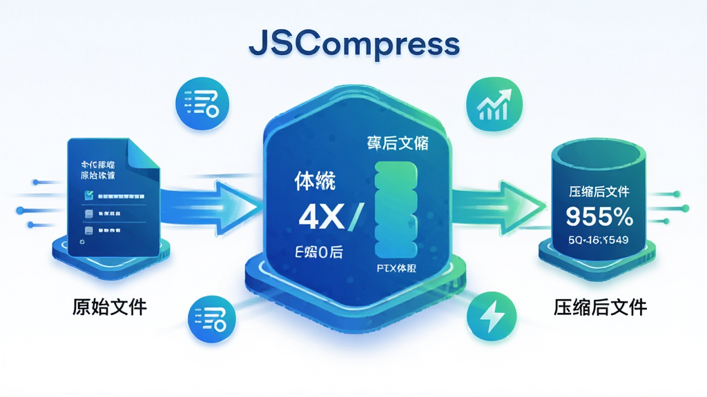 主体:展示JSCompress压缩引擎的工作流程,代码文件被压缩为更小的体积,周围有速度线条和优化图标。布局:中心大图标展示压缩前后体积对比,左右两侧分别标注“原始文件”和“压缩后文件”。排版:图标化展示,数字对比醒目。风格:科技感插画,蓝色和绿色渐变。细节:画面中有“JSCompress”字样和压缩百分比数据。画质:高清,干净,无多余元素。