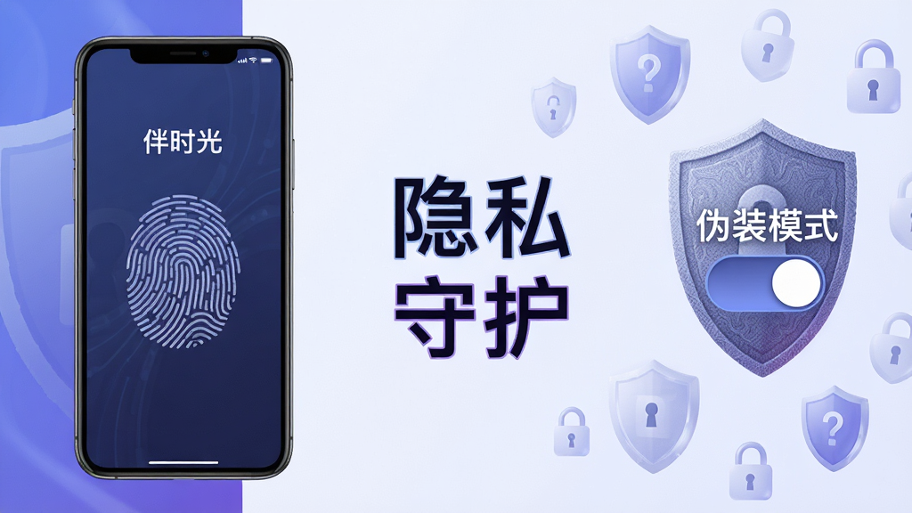 ����: һ����������ʱ�⡱App��˽�������ܵ�ͼƬ�����������һ����ʾָ�ƽ������ֻ����Ҳ��ǡ�αװģʽ���л����أ������ǳ���Ķ���������ͼ�ꡣ����: �Գ�ʽ���֣��ֻ��빦��ͼ��������࣬�м����б������������Ű�: ������ˣ��ص�ͻ������˽�������ػ����ؼ��ʡ����: �Ƽ����밲ȫ�н�ϣ�ɫ��������ɫΪ����ϸ��: ����ͼ������ϸ����������ֻ���Ļ�ϵ�ָ��ͼ�������ɼ�������: ���壬�ɾ����޶���Ԫ�ء�