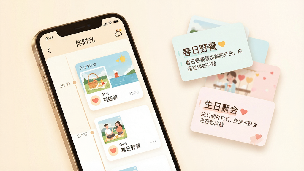 ����: һ���������ů��������ֻ�����Ļ��ʾ����ʱ�⡱App�������棬���������¼�Լ����ʱ������ʽ�����Ŵ���Ƭ������ͼ��Ŀ�Ƭ������: �ֻ�λ�ڻ�������ƫ���Ҳ������ż��Ŵ��С�����Ұ�͡��������վۻᡱ�����ֵĵ��ſ�Ƭ���������¡��Ű�: ��Ƭʽʱ���᲼�֣����׳��㣬��Ϣ�㼶���������: ��ƽ����ƣ�ɫ����ͣ������Χ��ܰ����������������Ϣ��ϸ��: ��Ļ���ܿ������ڡ�����Сͼ��ͼ�̵����ּ�¼����Ƭ��Ե��ϸ�����Ӱ������: ���壬�ɾ����޶���Ԫ�ء�