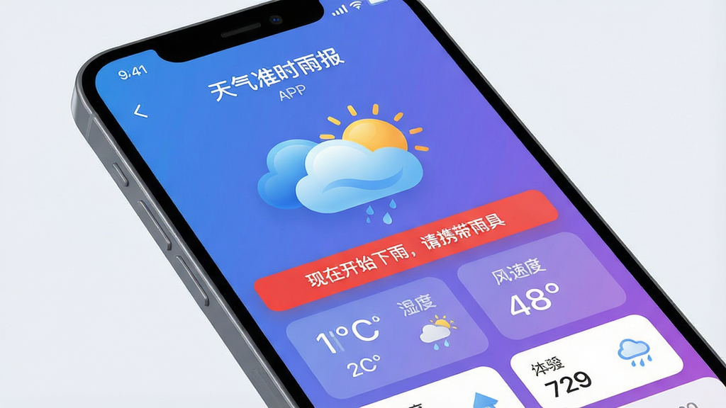 ��������Ϊ�ֻ���Ļ��д����Ļ��������ʾ������׼ʱ�걨��APP���棬����������ɫ����Ϊ�����������ж�̬���ƶ��̫��ͼ�꣬�·����¶ȡ�ʪ�ȡ����ٵ����ݿ�Ƭ�����ֲ��þ��й�ͼ���ֻ�΢΢��бչʾ���Ű��������UI����ִ��Ҹ��пƼ��С����Ϊдʵ3D��Ⱦ���ƽ����ϡ�ϸ���ϣ���Ļ��Ӧ�С����ڿ�ʼ���꣬��Я����ߡ��ĺ�ɫԤ�����������ʸ��壬�ɾ����࣬�޶���Ԫ�ء�