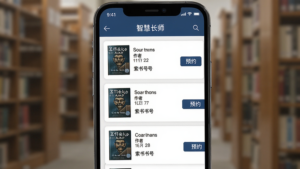 智慧长师app, 图书馆服务界面预览, 主体为手机屏幕展示图书检索结果列表, 布局为卡片式排列, 排版美观大方, 风格简约商务, 细节包括图书封面缩略图、作者、索书号和预约按钮, 画质高清干净, 无多余元素