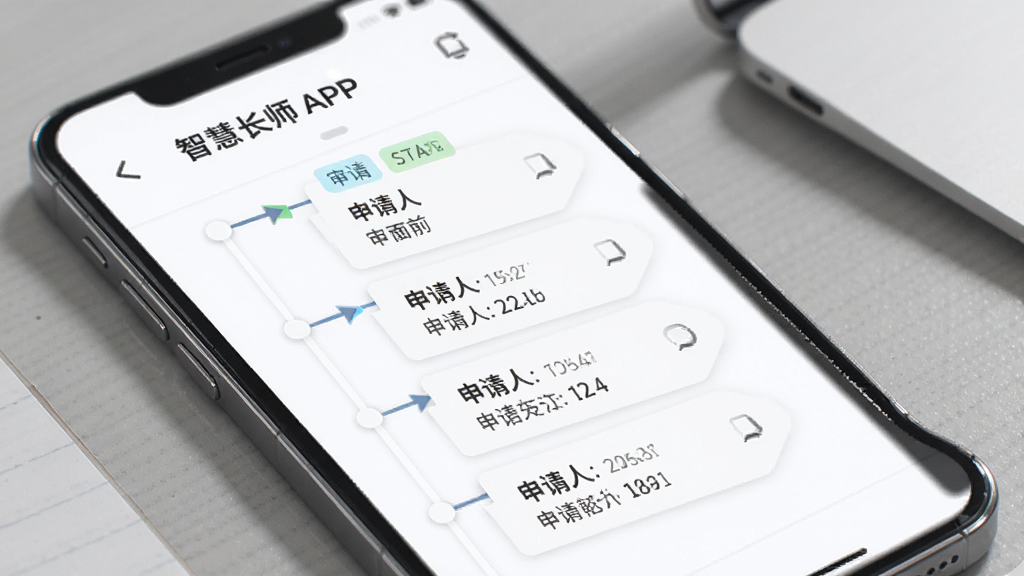 智慧长师app, 移动办公功能界面, 主体是手机屏幕展示审批流程列表, 布局采用时间线样式, 排版清晰直观, 风格商务简洁, 细节包括审批状态标签、申请人和时间记录, 画质干净明亮, 无多余元素
