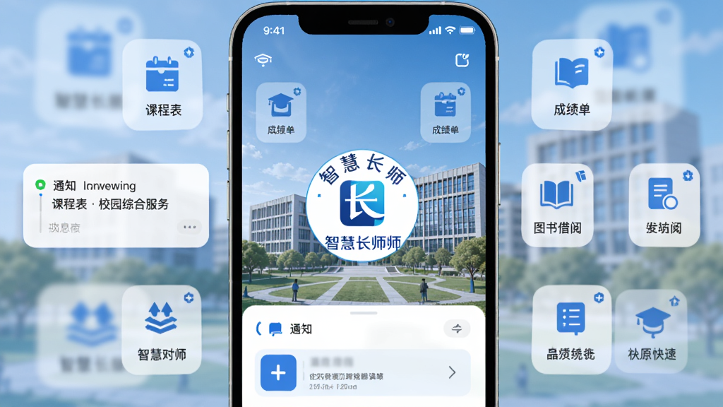 智慧长师app, 手机界面展示校园综合服务, 主视觉为现代简约风格, 中央是智慧长师logo与校园建筑背景, 四周环绕课程表、成绩单、图书借阅等图标, 布局清晰有层次, 排版采用扁平化设计, 配色以蓝色和白色为主, 细节包括通知消息卡片和功能快捷入口, 画质高清干净, 无多余元素