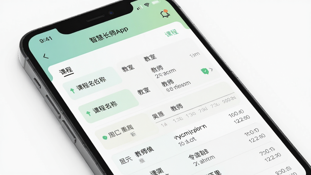 智慧长师app, 展示教学服务功能页面, 主体是一台手机屏幕内显示课程表格, 布局采用列表式, 排版简洁有序, 风格清新自然, 细节包括课程名称、教室、教师信息和星期时间轴, 画质干净清晰, 无多余元素