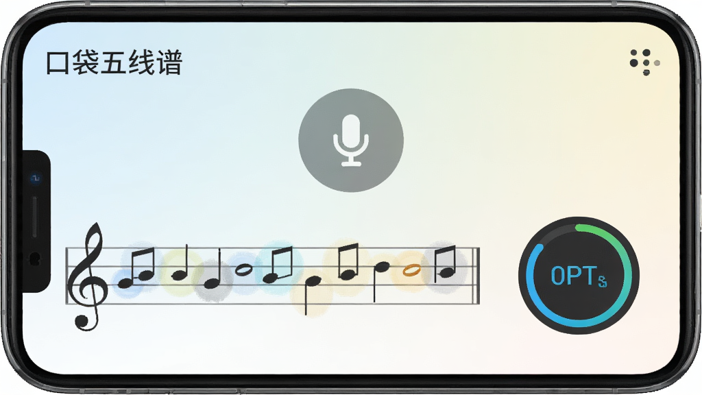 展示口袋五线谱智能识谱功能的界面,手机屏幕中有一个麦克风图标,下方五线谱上音符正在逐个高亮显示,旁边有实时评分圆圈,背景为浅色渐变,整体布局清晰,画质干净,无多余元素,左上角有“口袋五线谱”字样。