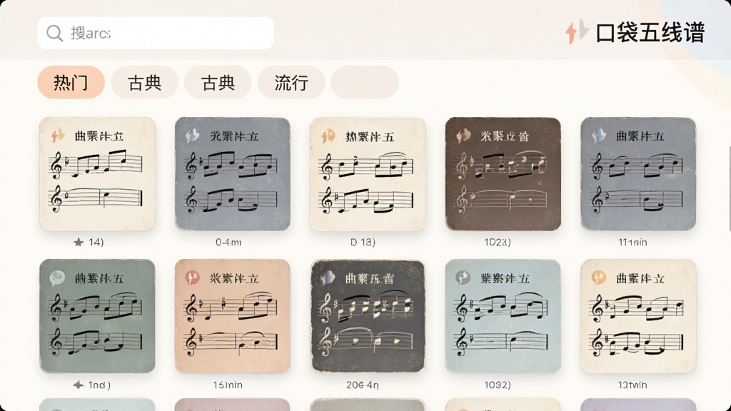 口袋五线谱曲谱库界面,屏幕上排列着多张曲谱封面缩略图,有搜索框和分类标签,如“热门”、“古典”、“流行”,整体布局整齐,色彩柔和,画质干净,无多余元素,右上角有“口袋五线谱”文字。