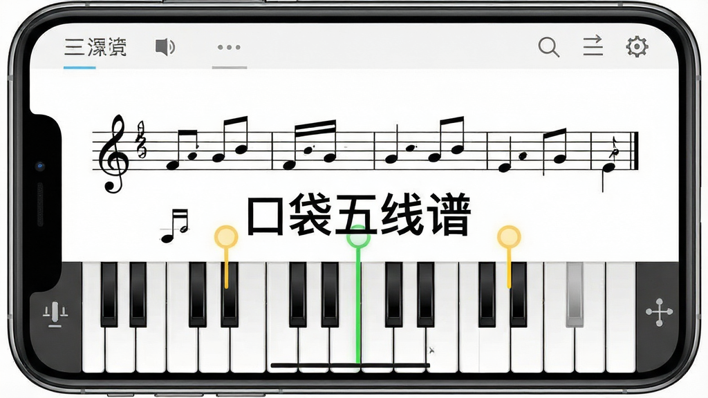 一张展示口袋五线谱软件界面的高清截图,主体是手机屏幕中显示的五线谱练习界面,音符清晰,有虚拟琴键和提示光标,布局简洁,上方有功能菜单栏,整体风格清新明快,细节丰富,画质干净,无多余元素,中央有文字“口袋五线谱”。