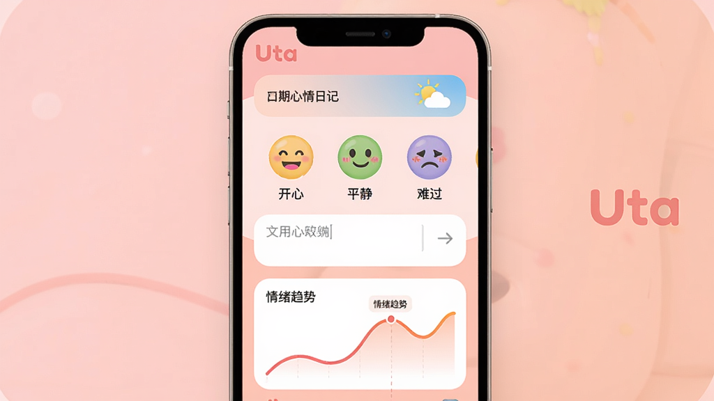 ���壺Uta�����ռǽ��棬�ֻ���Ļչʾ����ѡ����飨���ġ�ƽ�����ѹ���������������·�����������ͼ�����֣��ֻ��������У�����ͼ��������У�����ͼ�������Ű棺�Ϸ�Ϊ���ں��������м�Ϊ����ѡ���·�Ϊ���������ߡ���������ů���۳�ɫ����Բ����ơ�ϸ�ڣ������С�Uta��logo������ͼ��ע���������ơ������ʣ����壬�ɾ����޶���Ԫ�ء�