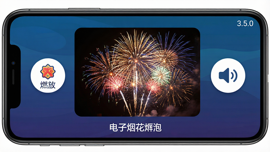 ���壺�����̻�����3.5.0����������չʾ���ֻ���Ļ�ڳ������̻����ų��������֣��������̻�ȼ�Ŷ�̬���棬���ܻ��ƹ��ܰ�ť��ȼ�š��л������������Ű棺ͼ����������ťԲ�󣬽����ࣻ���ϲ�졢�Ƽ��С�ɫ�����ޣ�ϸ�ڣ��̻�����ϸ�塢��Ч��ʵ����Ļ�·��С������̻����ڡ����������ʣ����塢�ɾ����޶���Ԫ�ء�