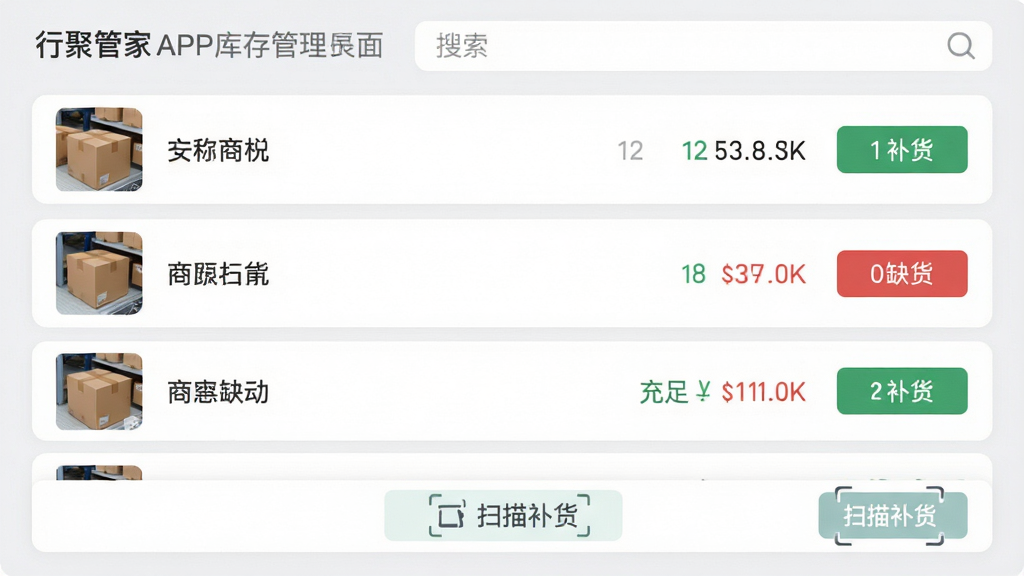 ���壺�о۹ܼ�APP���������棬��ʾ��Ʒ�б��Ϳ�����������֣��б���ʽ��ÿ����Ʒ������ͼ�����ơ�������Ͳ�����ť���Ű棺����б�ʽ����ɫ������ֱ�ʾ���㣬��ɫ��ʾȱ������񣺱�ƽ����ƣ�����ǳ�ң���Ƭ��ɫ��ϸ�ڣ��������������ײ��С�ɨ�貹������ť����ƷͼƬ���������ʣ����壬�ɾ����޶���Ԫ�ء�