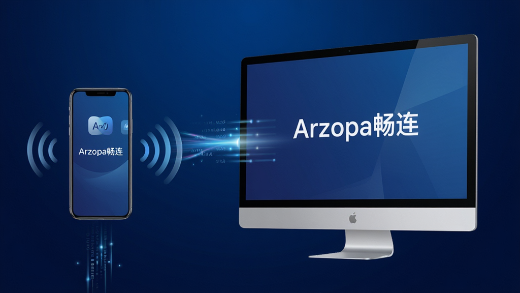 主体为Arzopa畅连软件界面展示,居中布局,背景为深蓝色科技感渐变,界面悬浮手机与显示器无线连接示意图,排版采用左右分屏结构,左侧手机右侧大屏,风格现代简约,细节包括信号波纹与数据传输光效,画质高清,干净无多余元素,屏幕显示“Arzopa畅连”字样