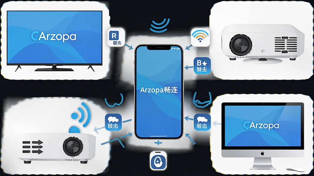 主体为Arzopa畅连多设备连接示意图,布局采用环绕式,中心为手机,四周分布电视、投影仪、电脑显示器等设备,排版整齐有序,风格科技扁平化,细节处标注各协议图标,画质清晰干净,无多余元素,中央标注“Arzopa畅连”