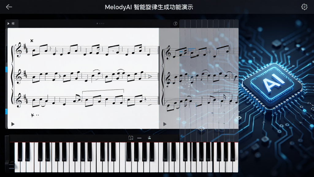 MelodyAI�����������ɹ�����ʾ��ͼ������չʾһ�δӼ������Զ���չΪ�������ɵĹ��̣�����������پ���������ʾ��������AIоƬͼ�꣬�Ƽ�����ɫ���������������ʸɾ�