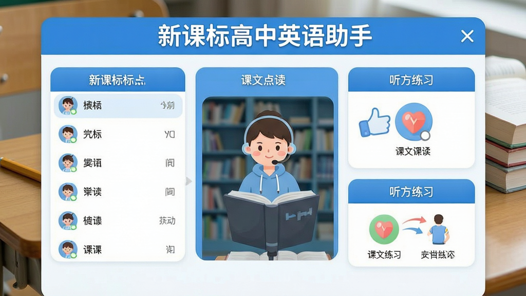 һ��չʾ�¿α����Ӣ��������������ĸ����ͼ���棬������������б������ĵ����������ϰ�Ⱥ��Ĺ���ģ�飬���������¼�࣬����ɫ�Ͱ�ɫΪ��ɫ����ͼ��Բ��ɰ�������Ϊ�������鱾�������������ɾ��޶���Ԫ�أ����ֱ�ע���¿α����Ӣ�����֡�