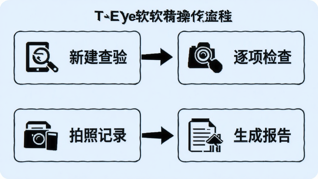 һ��T-Eye�����Ĳ�������ͼ����Ϊ�ĸ����裺�½����顢�����顢���ռ�¼�����ɱ��棬ÿ�������ü�ͷ���ӣ����Լ���ͼ���˵�����֣�����Ϊǳ��ɫ�����ʸɾ����޶���Ԫ��